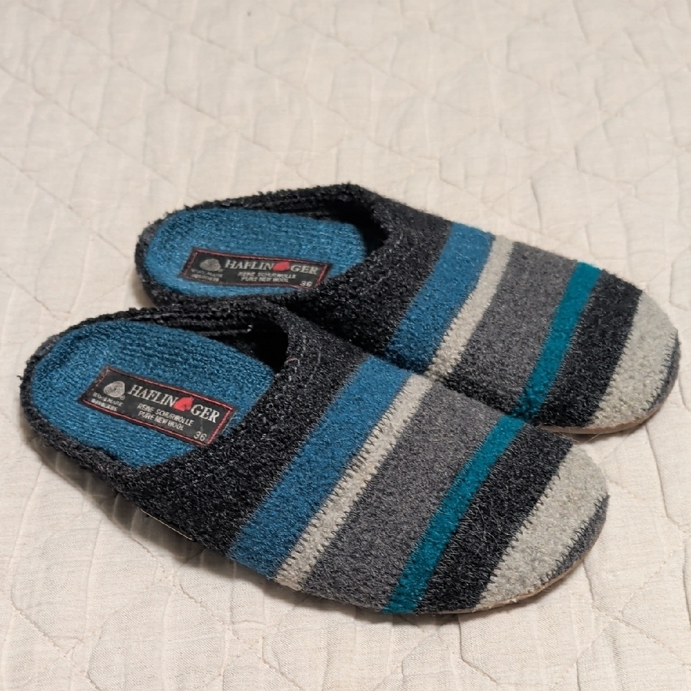 Haflinger Everest Fundus Striped Wool Slippers in Blue and Gray